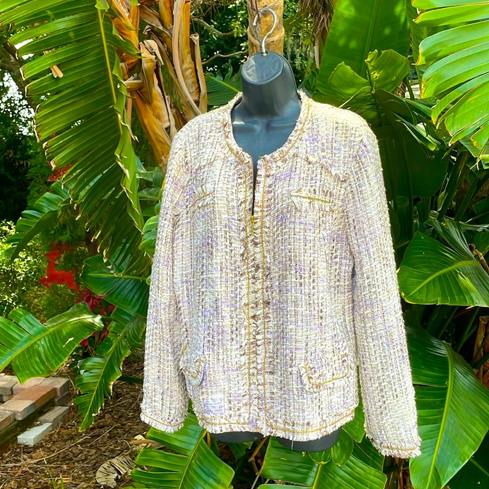 purple and golden tweed jacket with chain trim